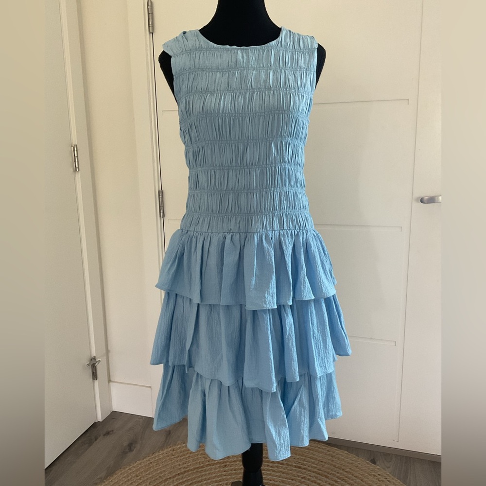 NEW Calvin Klein Blue Smocked & Tiered Sleeveless Dress.
